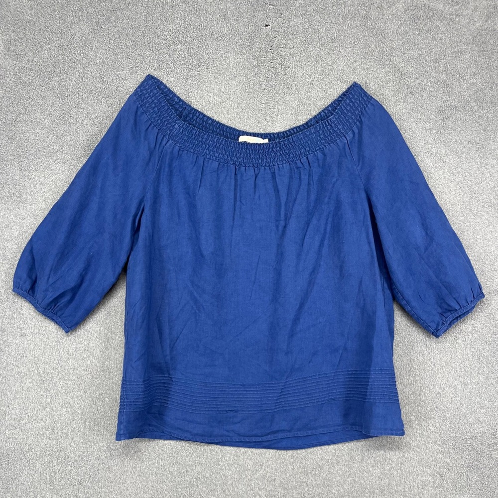 Boden Linen Blouse Womens 8 Blue Off Shoulder 3/4 Sleeve Pintuck WA811 Coastal